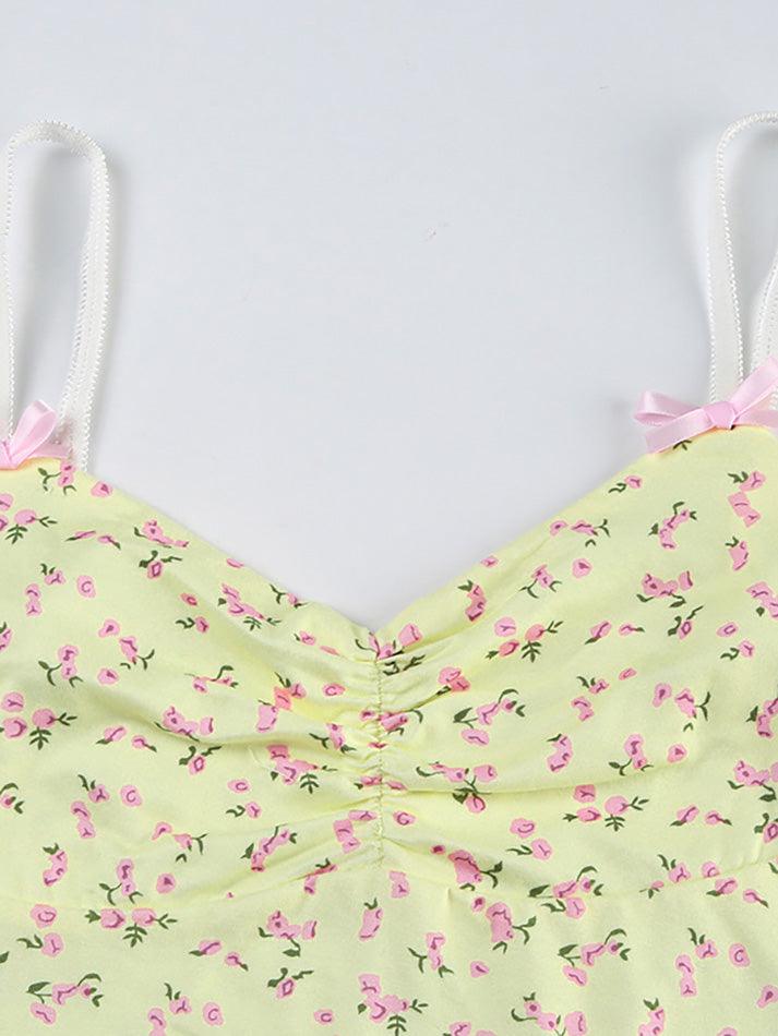 Yellow Floral Ruched Crop Top