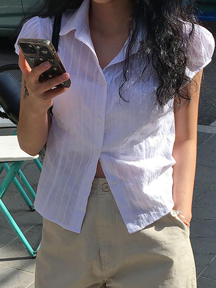 Solid Color Ribbed Bubble Sleeve Shirts