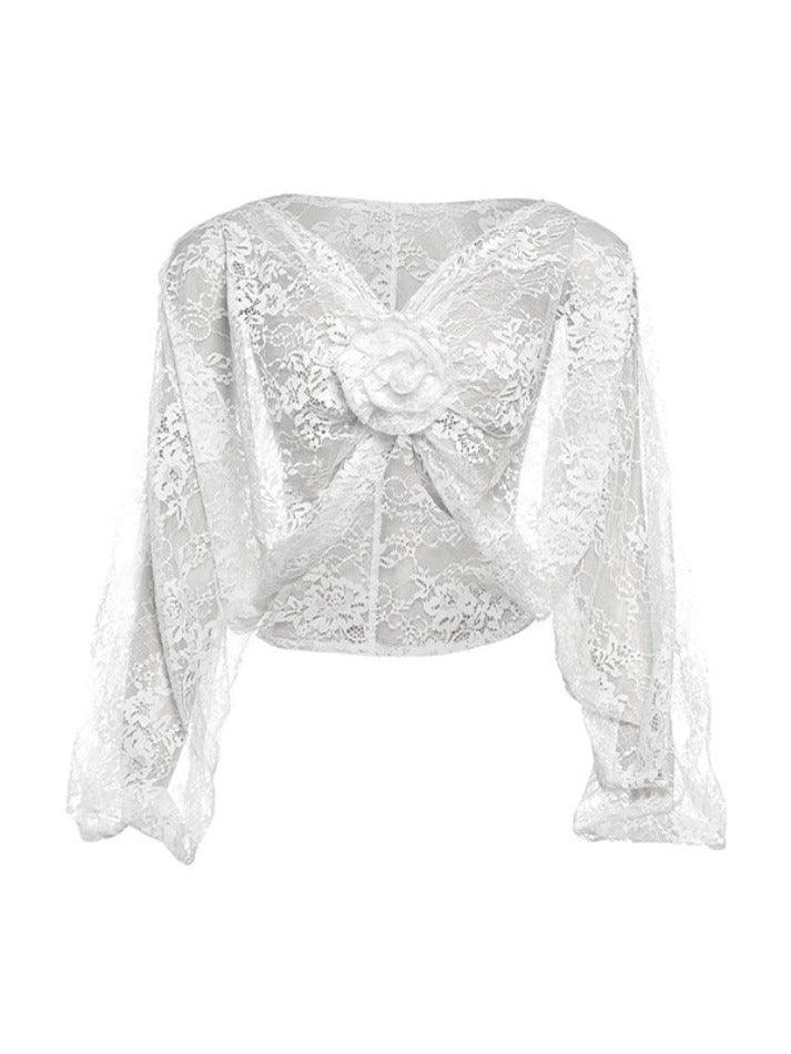V Neck Lace Slit Long Sleeve Blouse