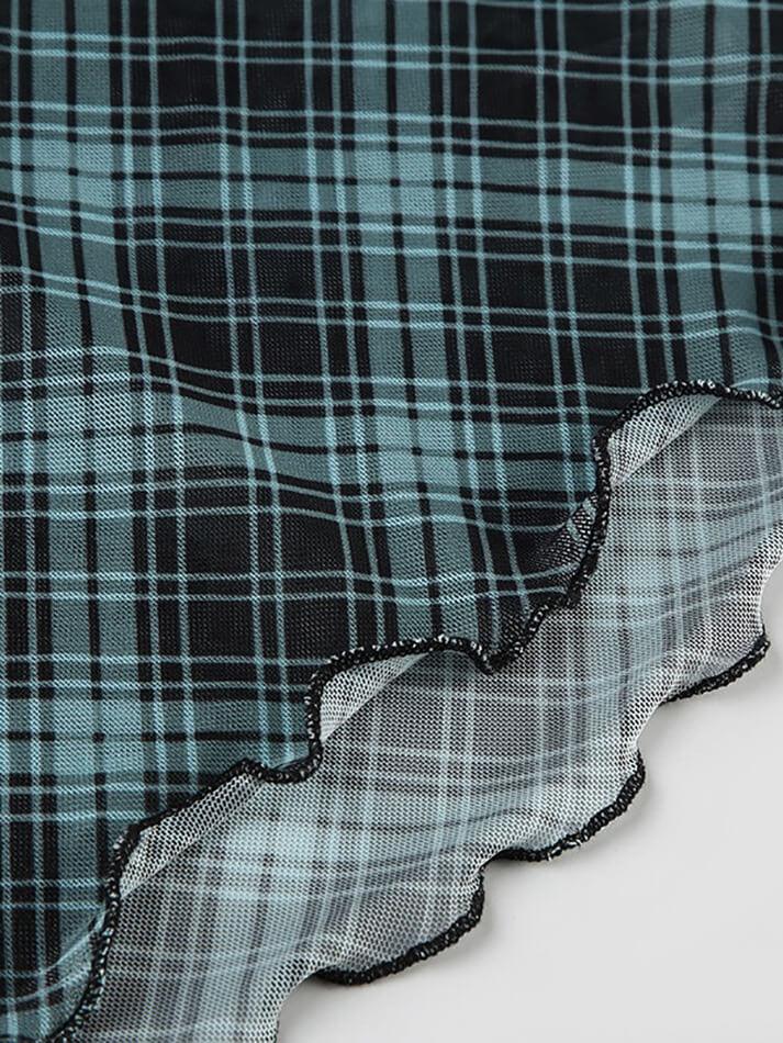 Mock Two Piece Ruffled-Trim Plaid Mesh See-Through Tank Top