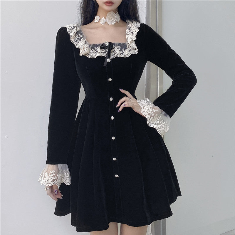 qgtao-Women Summer Sexy y2k Fairy Dress Casual Loose Dress Elegant Square Neck High Waist Long Sleeve Velvet Dress