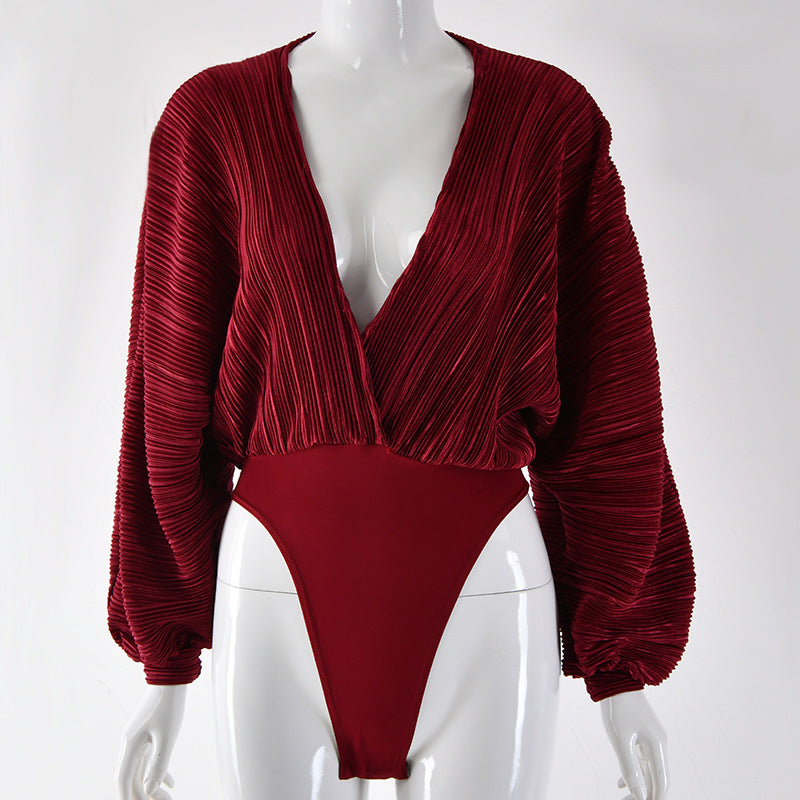 2025 Popularan station wish Popular trade hot-selling new pleated loose V-neck long-sleeved jumpsuit spring and summer