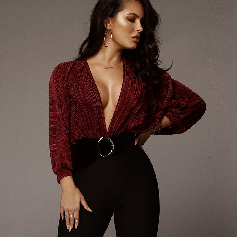 2025 Popularan station wish Popular trade hot-selling new pleated loose V-neck long-sleeved jumpsuit spring and summer