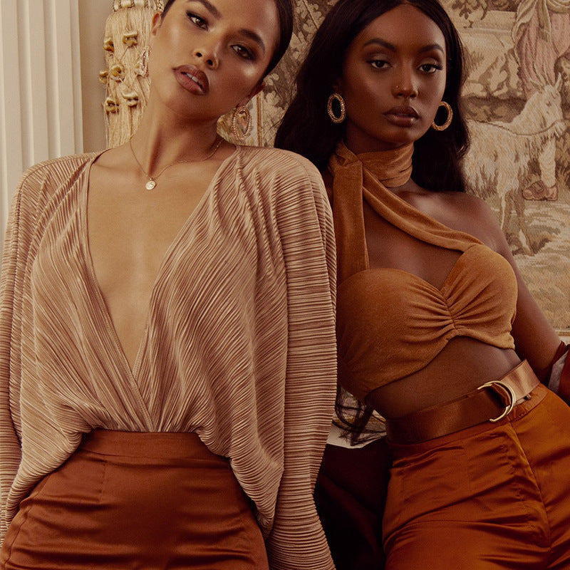 2025 Popularan station wish Popular trade hot-selling new pleated loose V-neck long-sleeved jumpsuit spring and summer