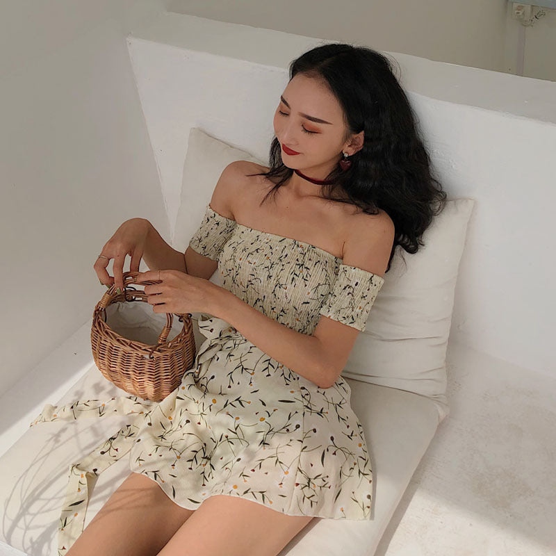 qgtao summer outfits inspo Sexy French Retro off-Neck Floral Tube Top Short Sleeve One-Piece Skirt Suit Two-Piece Set