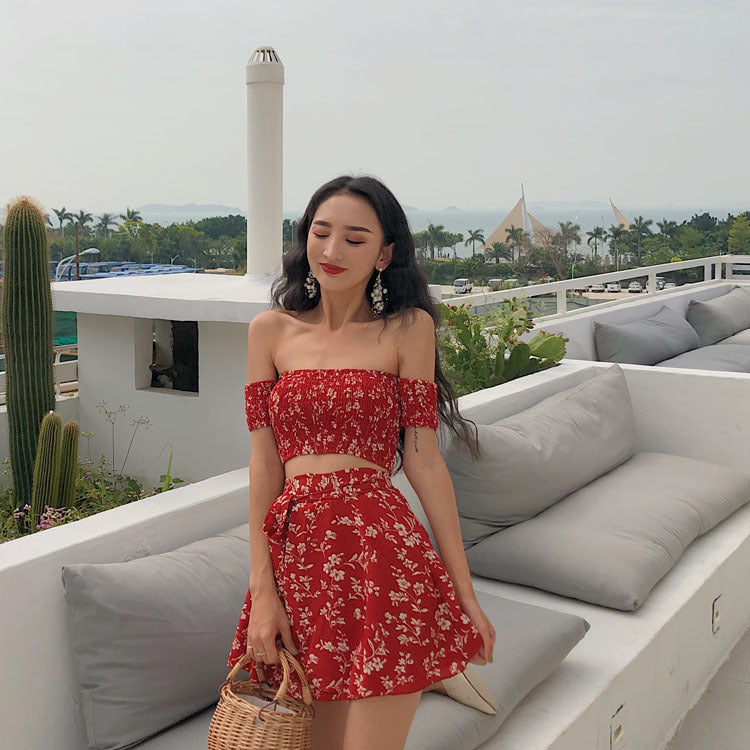 qgtao summer outfits inspo Sexy French Retro off-Neck Floral Tube Top Short Sleeve One-Piece Skirt Suit Two-Piece Set