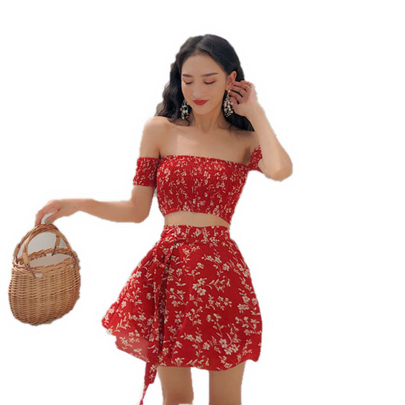 qgtao summer outfits inspo Sexy French Retro off-Neck Floral Tube Top Short Sleeve One-Piece Skirt Suit Two-Piece Set