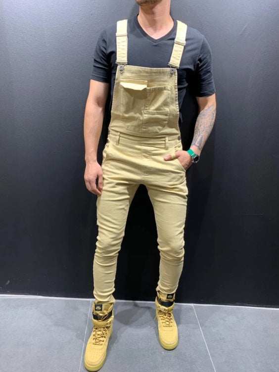 2025 2025 new tie-dyed denim overalls slim-fitting and thin men's trousers New Popularan station solid color jeans men