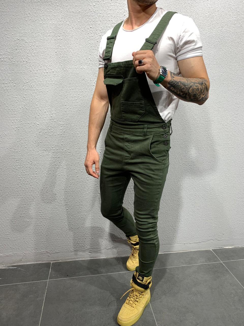 2025 2025 new tie-dyed denim overalls slim-fitting and thin men's trousers New Popularan station solid color jeans men