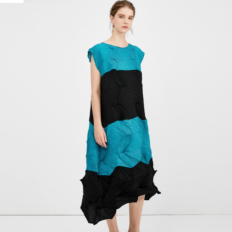 Cross-border 2025 summer women's clothing splicing contrasting color dress women's summer Miyake pleated clothing sleeveless high-waisted pleated skirt