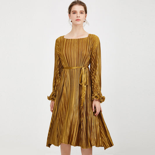Customized new summer square collar design golden yellow dress with lace-up waist petal a-word skirt women's creative style