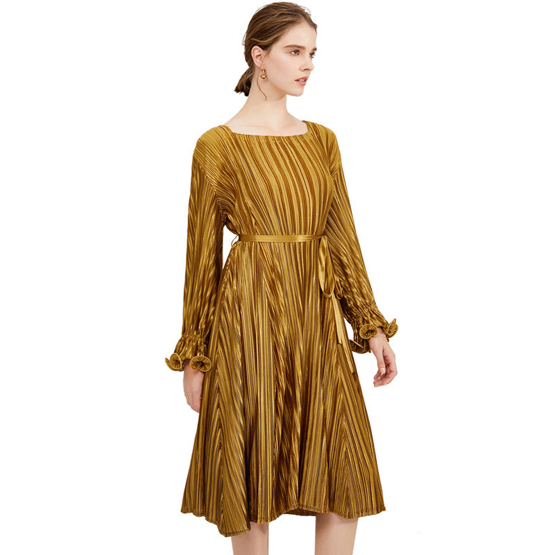 Customized new summer square collar design golden yellow dress with lace-up waist petal a-word skirt women's creative style