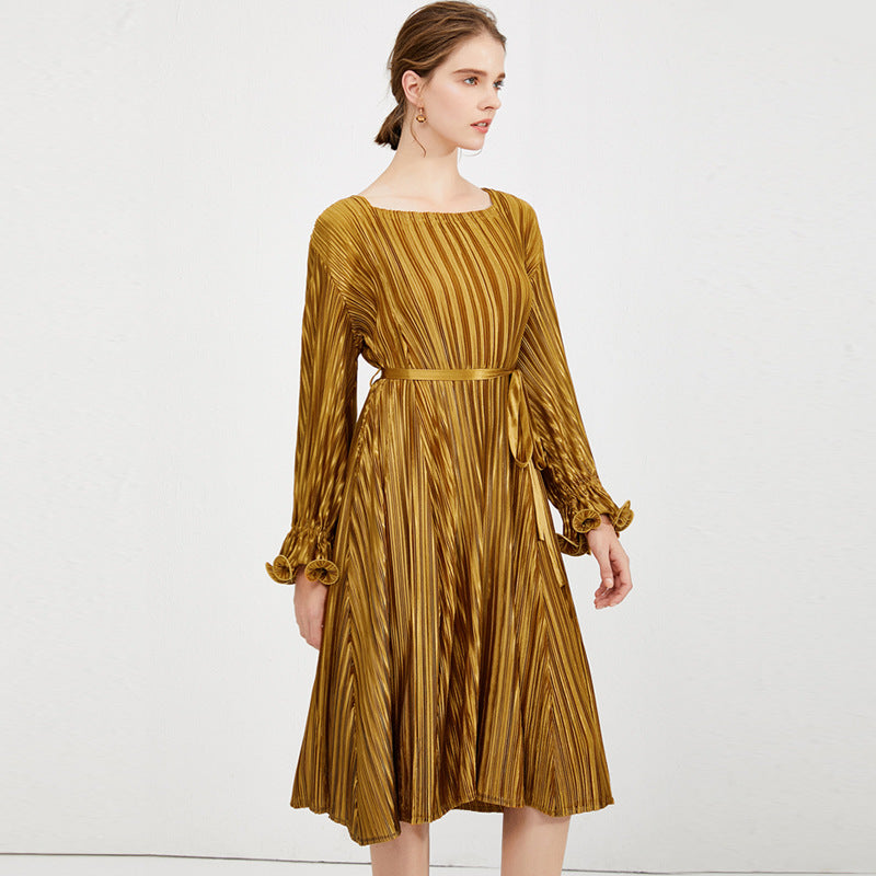 Customized new summer square collar design golden yellow dress with lace-up waist petal a-word skirt women's creative style