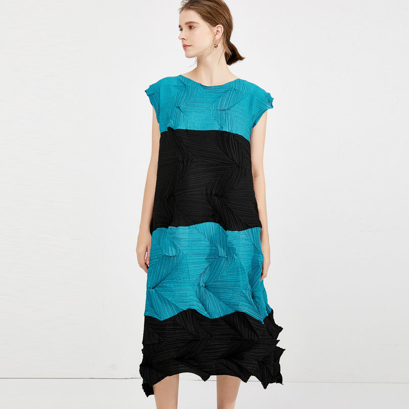 Cross-border 2025 summer women's clothing splicing contrasting color dress women's summer Miyake pleated clothing sleeveless high-waisted pleated skirt