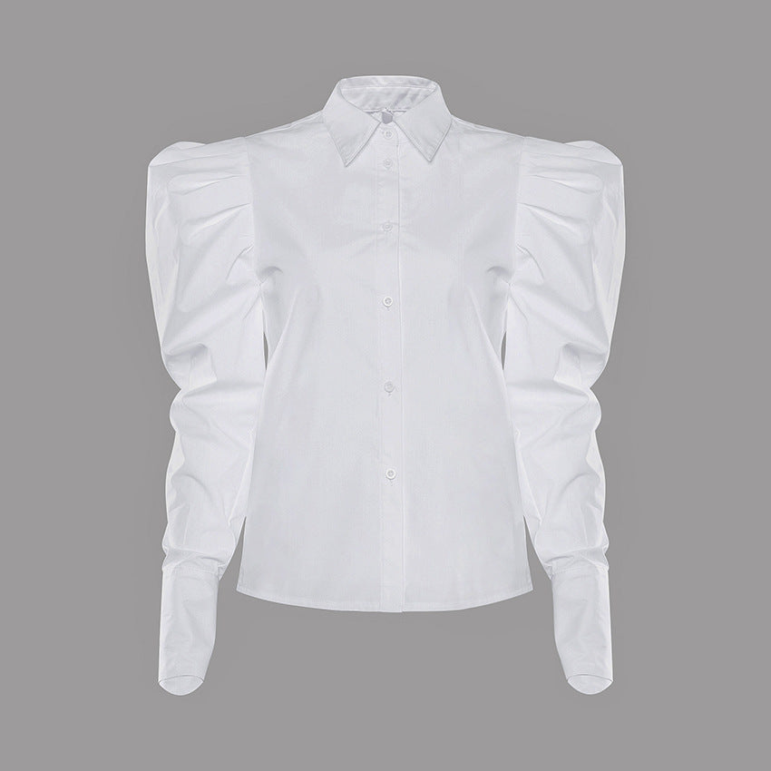 2025 white bubble sleeve shirt top women's Popular trade loose popular autumn new retro professional long-sleeved shirt