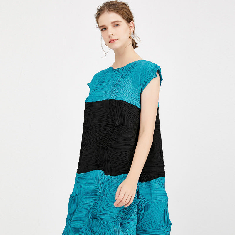 Cross-border 2025 summer women's clothing splicing contrasting color dress women's summer Miyake pleated clothing sleeveless high-waisted pleated skirt