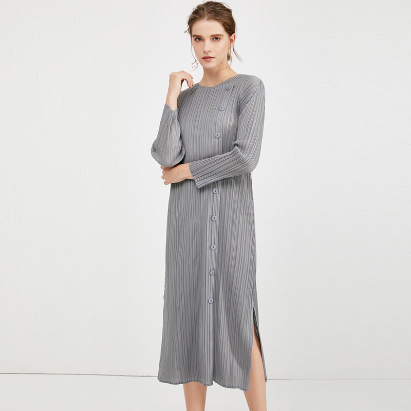 2025 Spring Miyake Clothing New Simple Button Medium and Long Basic Dress Fashion Women's Clothing Split Design