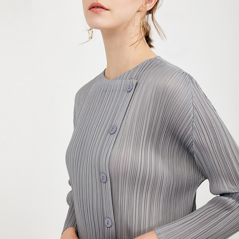 2025 Spring Miyake Clothing New Simple Button Medium and Long Basic Dress Fashion Women's Clothing Split Design