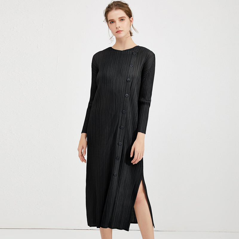 2025 Spring Miyake Clothing New Simple Button Medium and Long Basic Dress Fashion Women's Clothing Split Design