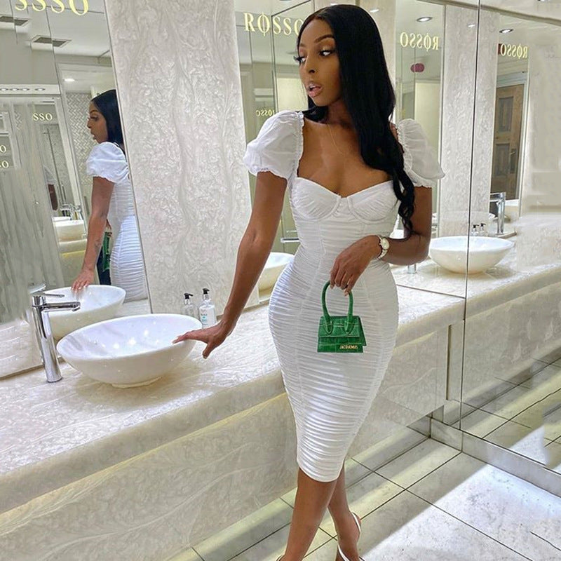 2025 women's clothing autumn New hot-selling sexy chest retro style temptation solid color bubble backless tight dress