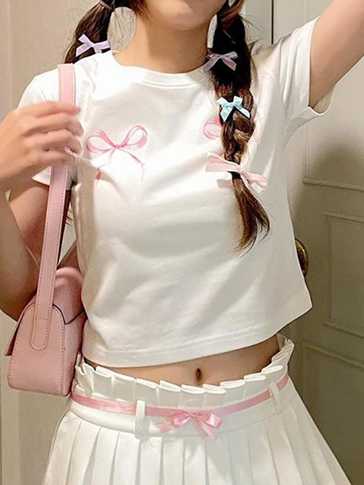 Short-Sleeve Crew Neck Bow Print Crop T-Shirt