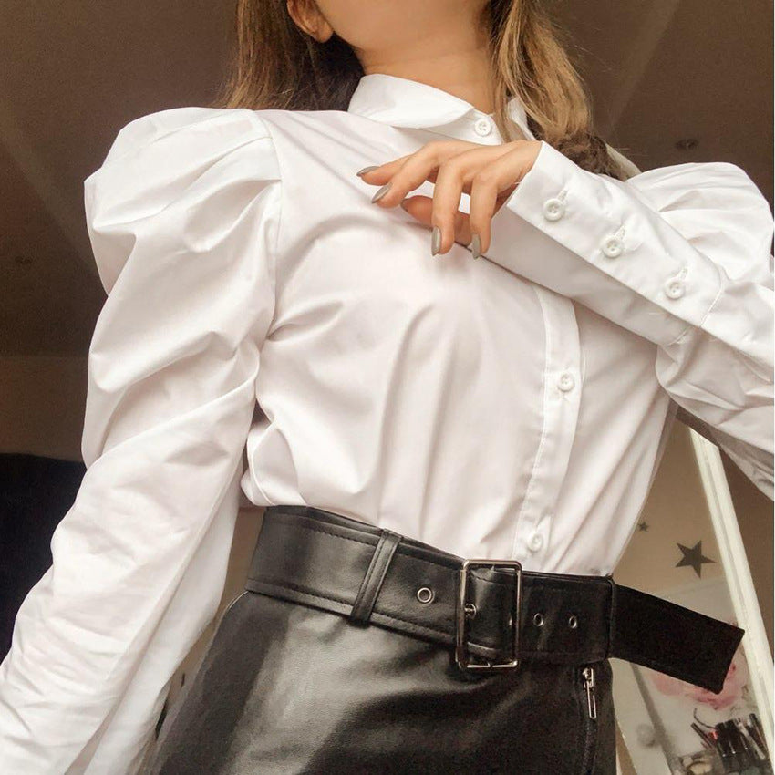 2025 white bubble sleeve shirt top women's Popular trade loose popular autumn new retro professional long-sleeved shirt