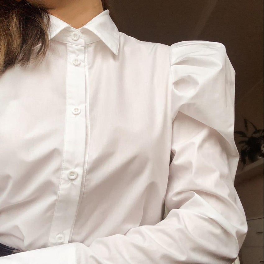 2025 white bubble sleeve shirt top women's Popular trade loose popular autumn new retro professional long-sleeved shirt