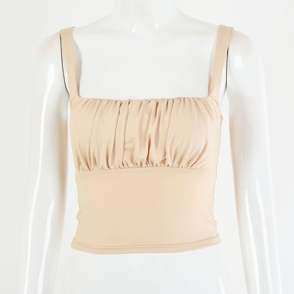2025 pure desire style sexy chest pleated top summer and autumn new product solid color splicing backless sleeveless small suspender