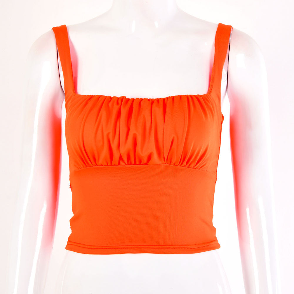 2025 pure desire style sexy chest pleated top summer and autumn new product solid color splicing backless sleeveless small suspender
