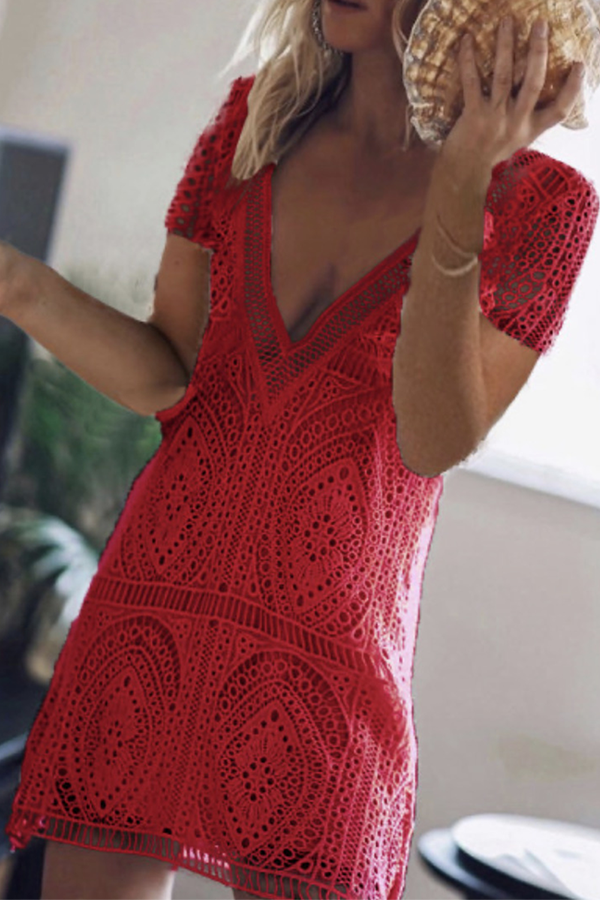 Fashion Casual Patchwork Hollowed Out Frenulum Backless V Neck A Line Dresses(3 Colors)