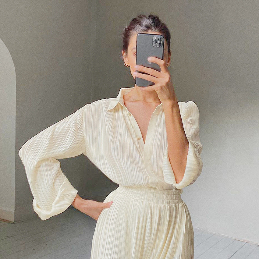 2025 popular autumn and winter new long-sleeved lapel pleated shirt women's wide-leg mopping floor drape pleated trousers set solid color