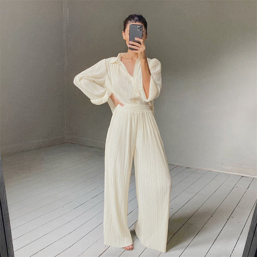 2025 popular autumn and winter new long-sleeved lapel pleated shirt women's wide-leg mopping floor drape pleated trousers set solid color