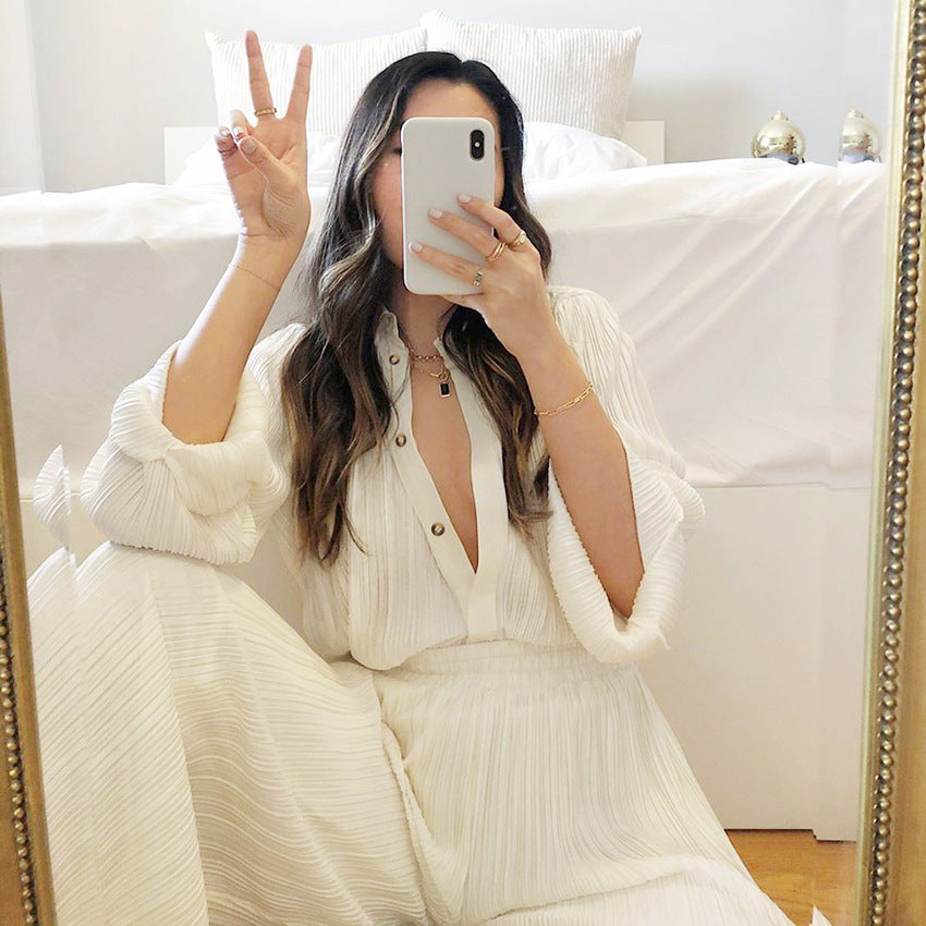 2025 popular autumn and winter new long-sleeved lapel pleated shirt women's wide-leg mopping floor drape pleated trousers set solid color