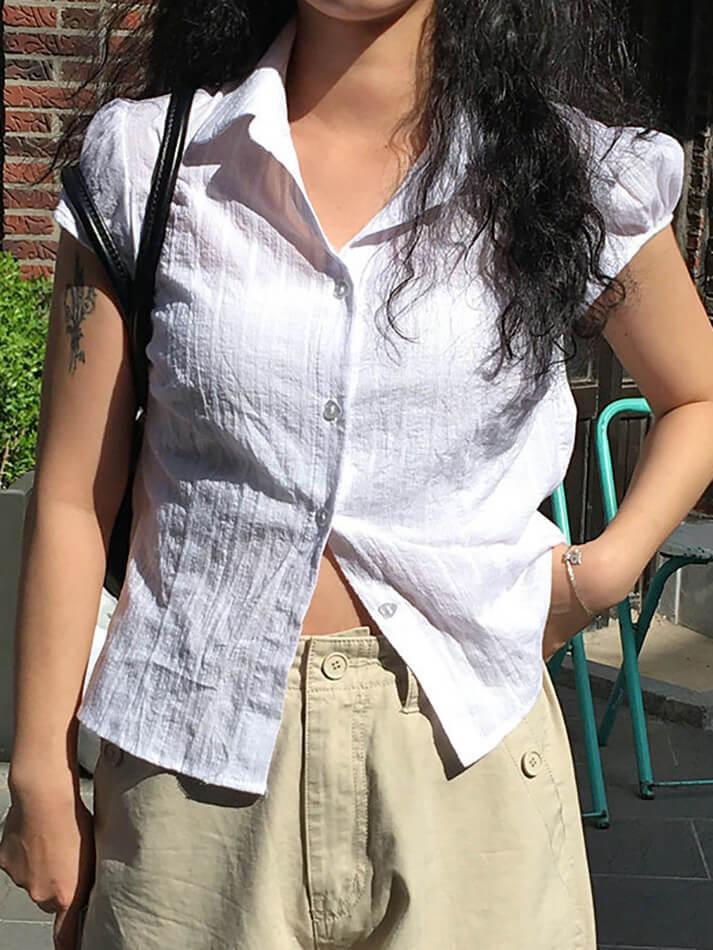 Solid Color Ribbed Bubble Sleeve Shirts