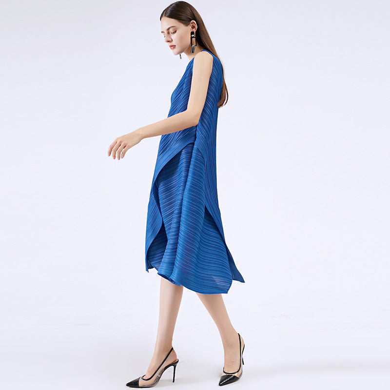 Customized 2023 summer new women's pleated irregular sleeveless pendulum loose medium and long small fragrant dress women