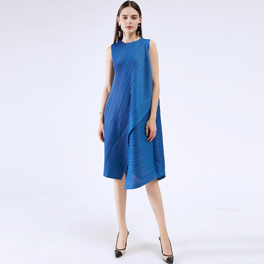 Customized 2023 summer new women's pleated irregular sleeveless pendulum loose medium and long small fragrant dress women
