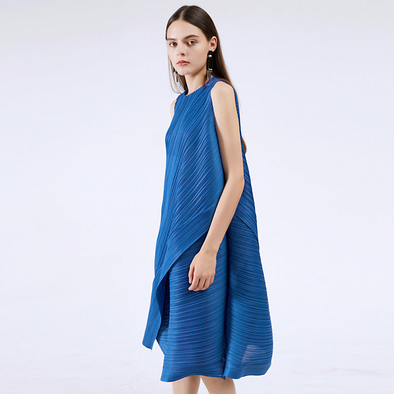Customized 2023 summer new women's pleated irregular sleeveless pendulum loose medium and long small fragrant dress women