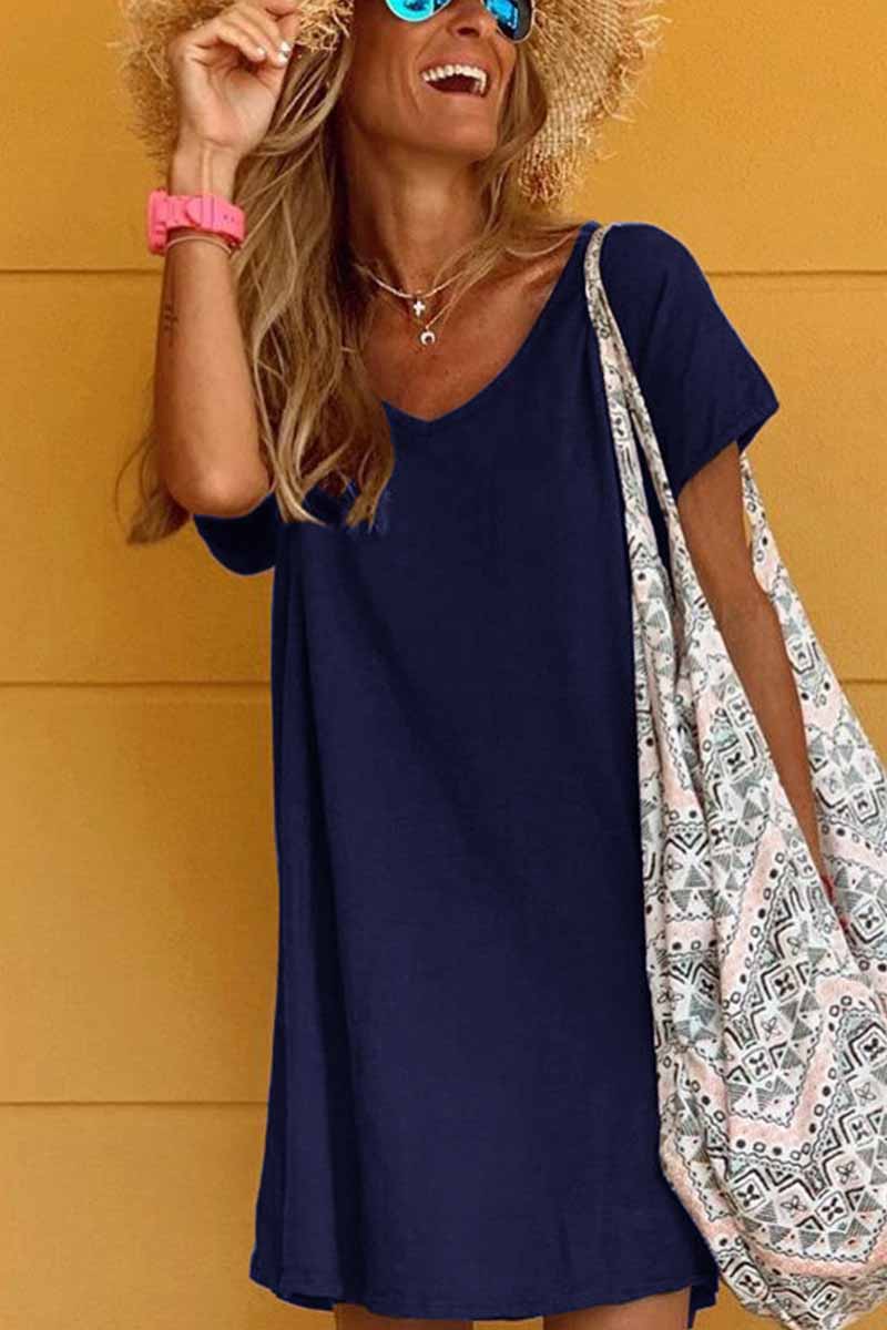 qgtao Loose Solid Color Short Sleeve V-Neck Mini Dress