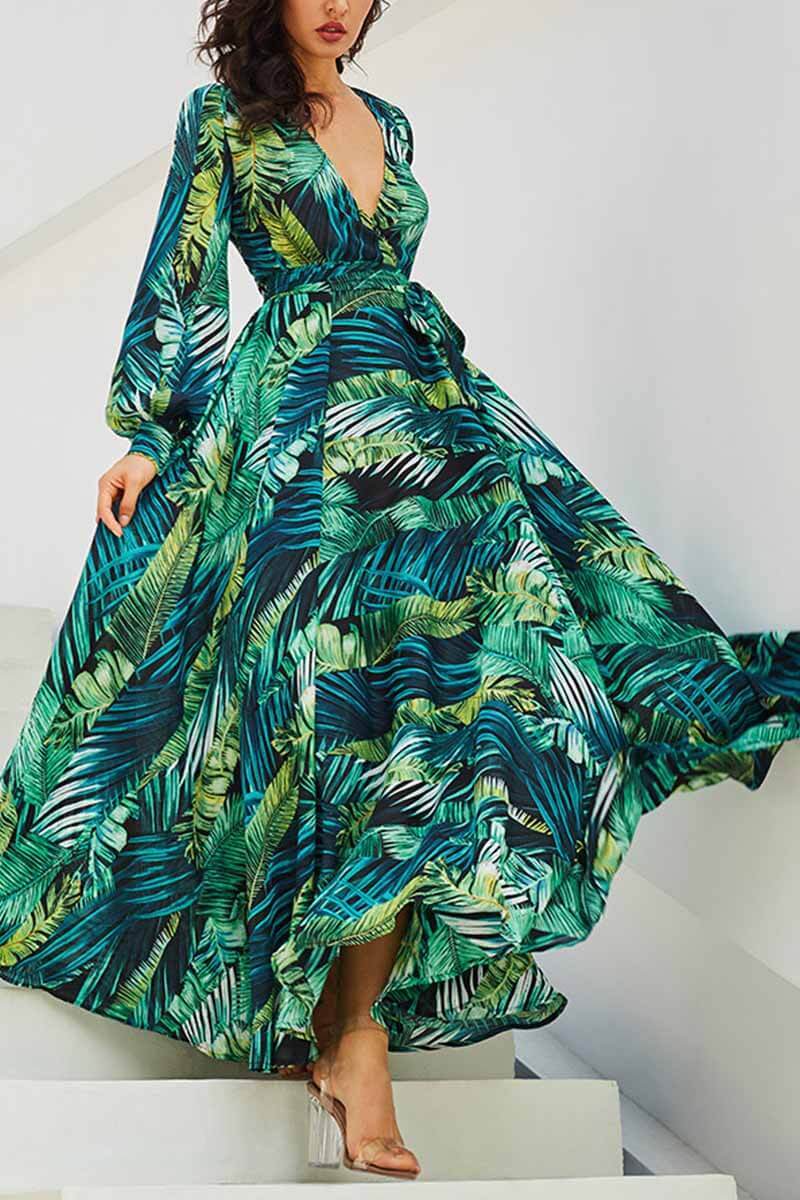 qgtao V-Neck Leaf Print Maxi Dress