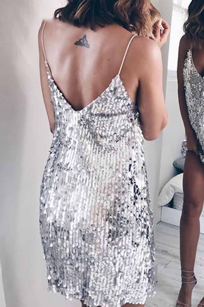 qgtao Sexy Sequined V-Neck Mini Dresses