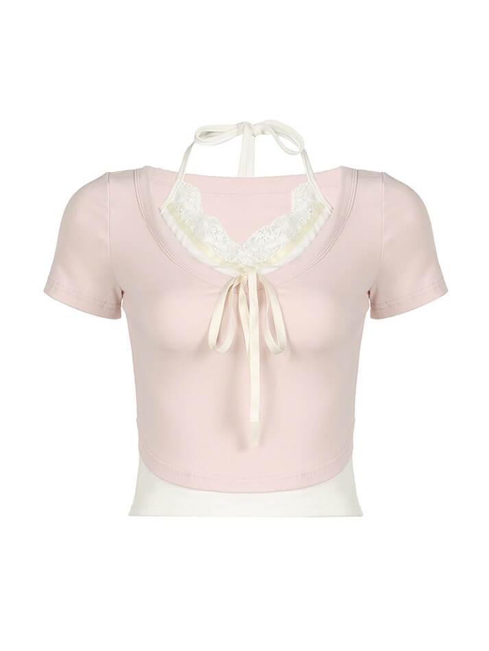 Contrast Lace Patchwork Tie Crop Top
