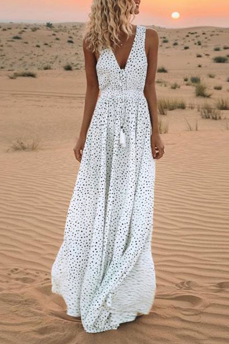 qgtao V Neck Dot Printed Floor Length Dress(3 Colors)