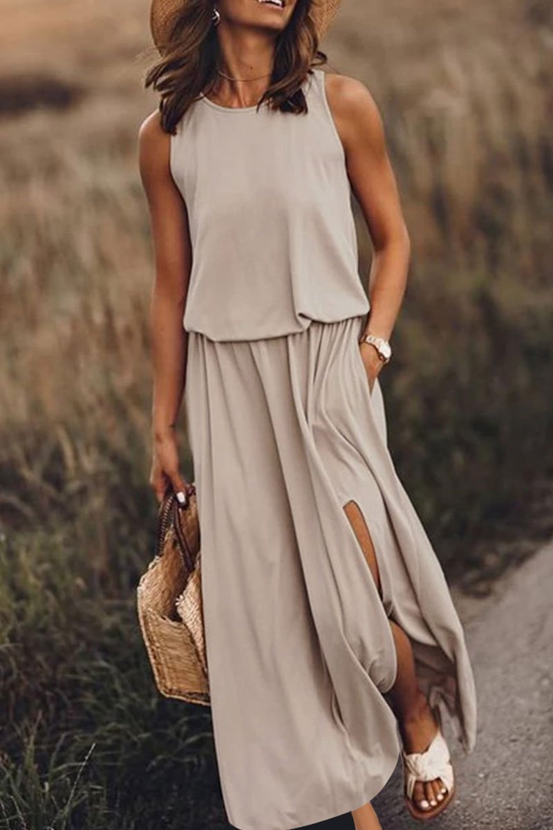 qgtao Bohemian Sleeveless Side Slit Maxi Dress