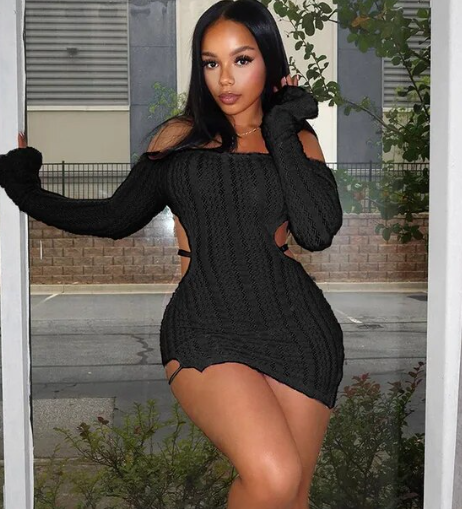 qgtao  Knit Elegant Slash Neck Dress Women Sexy Trend Backless Irregular Skinny Streetwear Midnight Side Hollow Chic Bodycon