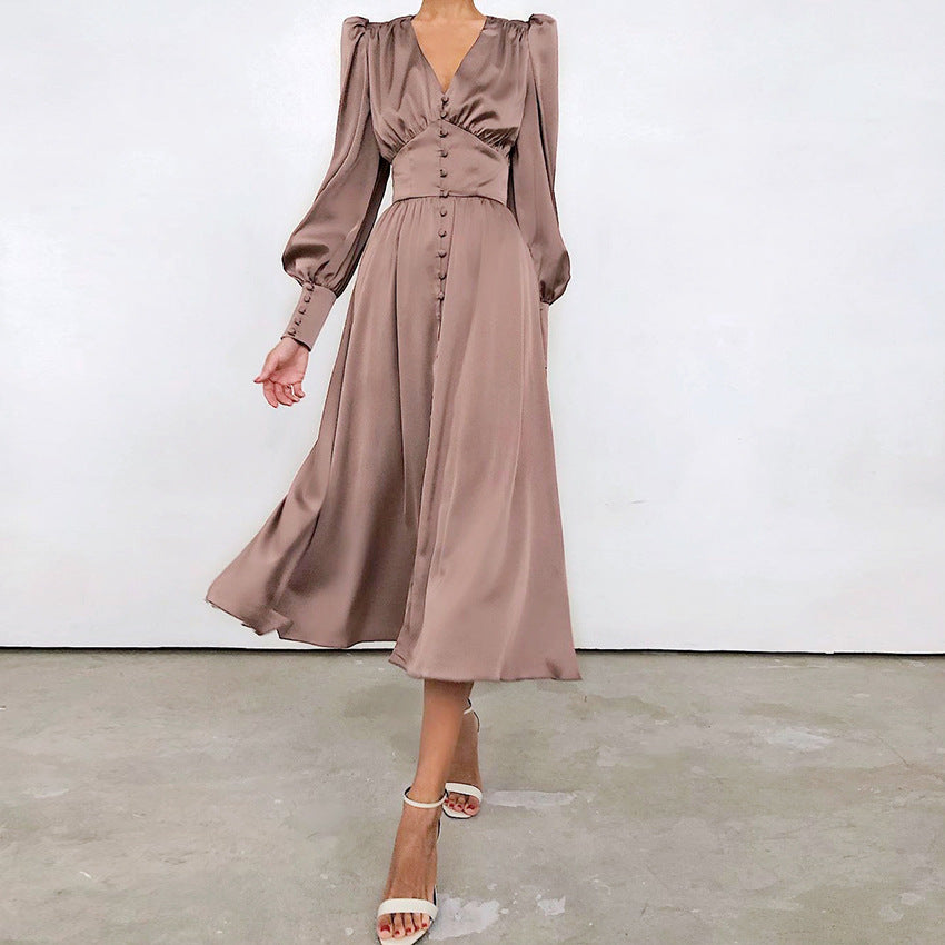 2025 spring new satin dress women's design lantern sleeves waist thin temperament slim dress