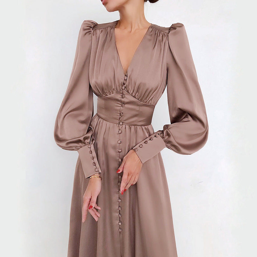 2025 spring new satin dress women's design lantern sleeves waist thin temperament slim dress