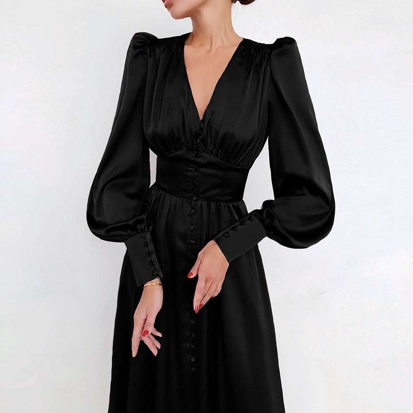 2025 spring new satin dress women's design lantern sleeves waist thin temperament slim dress