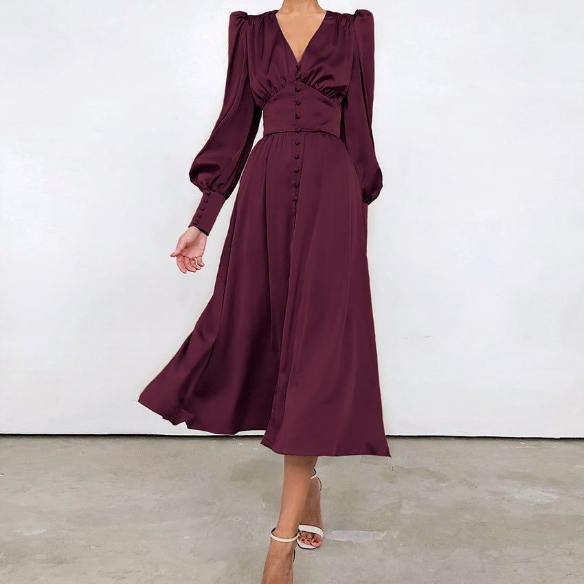 2025 spring new satin dress women's design lantern sleeves waist thin temperament slim dress