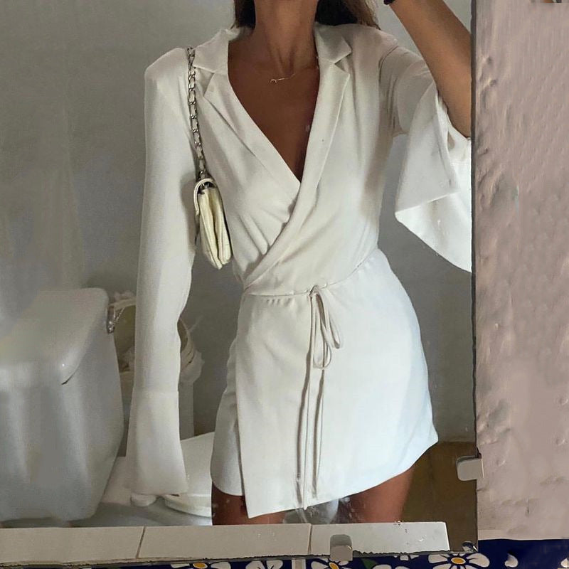 2025 Niche design simple style dress, Popular trade women's clothing sexy deep V long-sleeved lace-up waist temperament short skirt