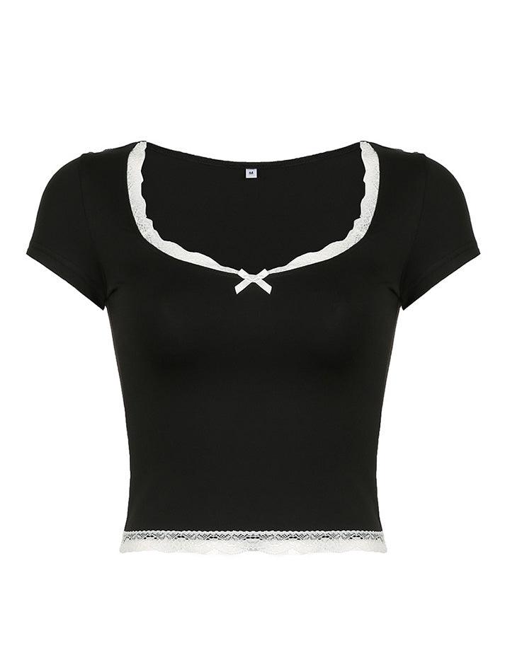 Bow Accent Lace-Trim Plain Slim-Fit Crop Top